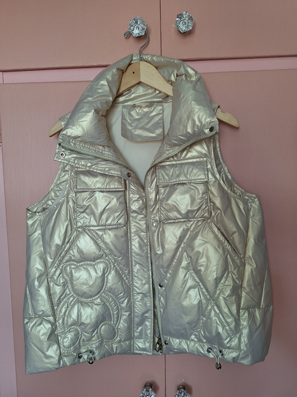 Cute Teddy Bear Puffer Vest Sleeveless Coat in Light Metallic Gold